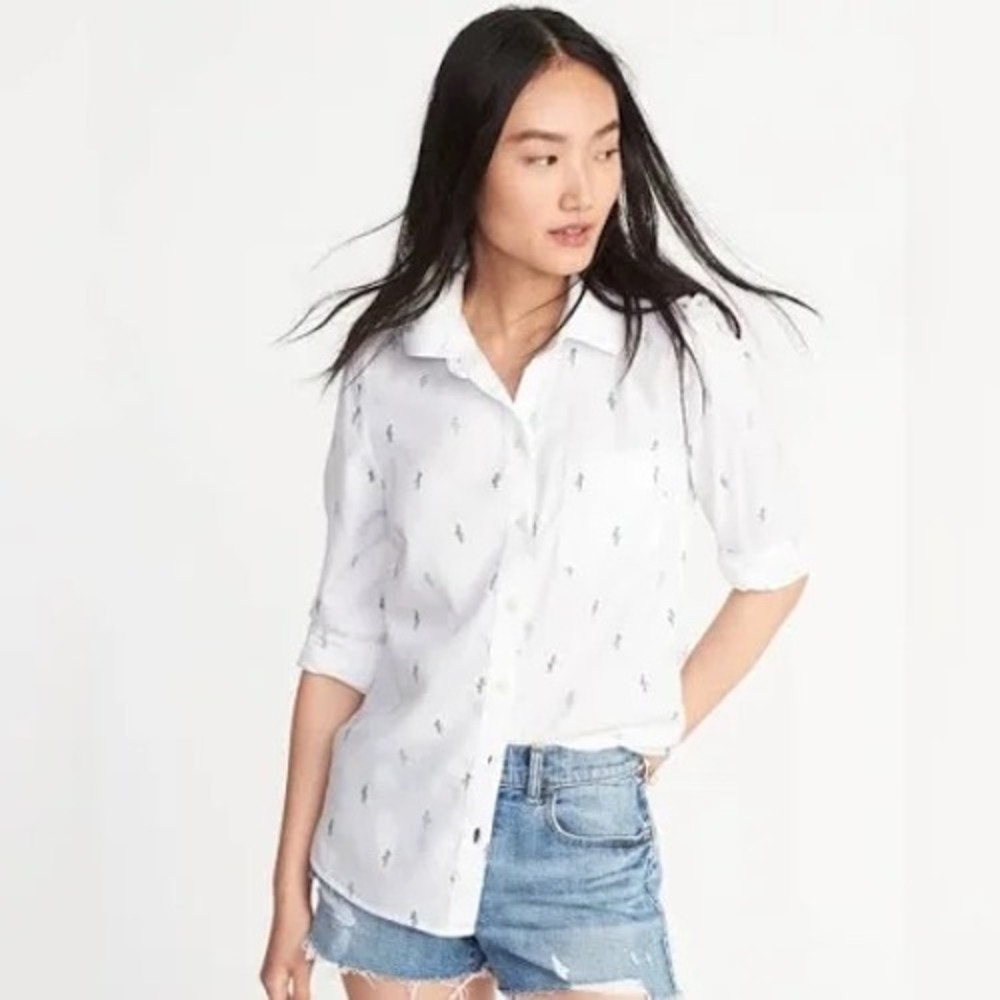 Old Navy Womens XL White Cactus Embroidered The Classic Shirt Button Down Top